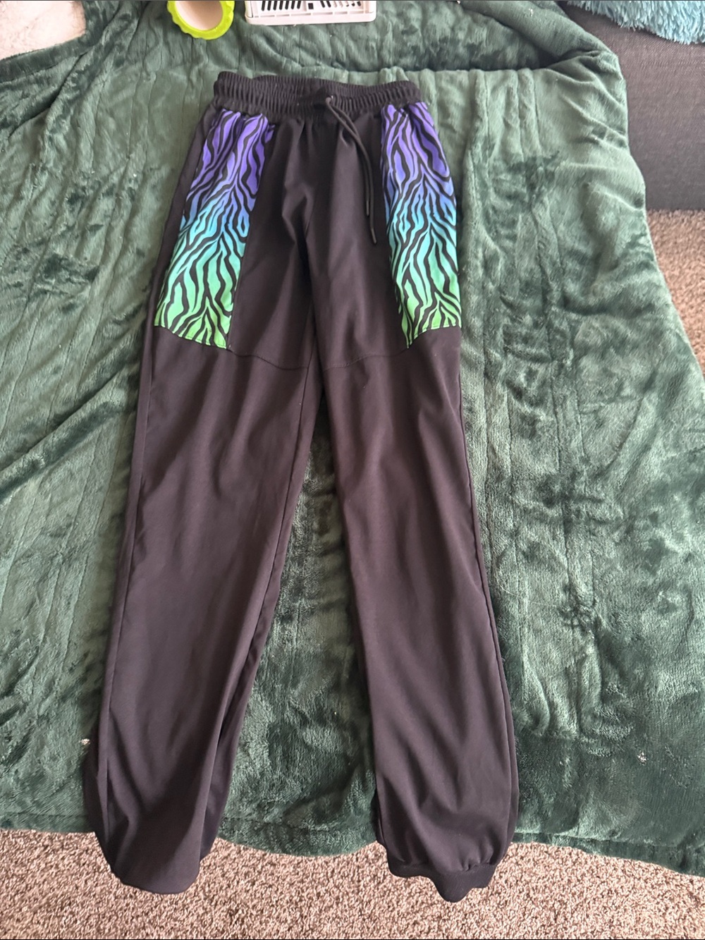 Zumba Fitness Black Joggers with Teal Logo and Purple-Green Zebra Panels